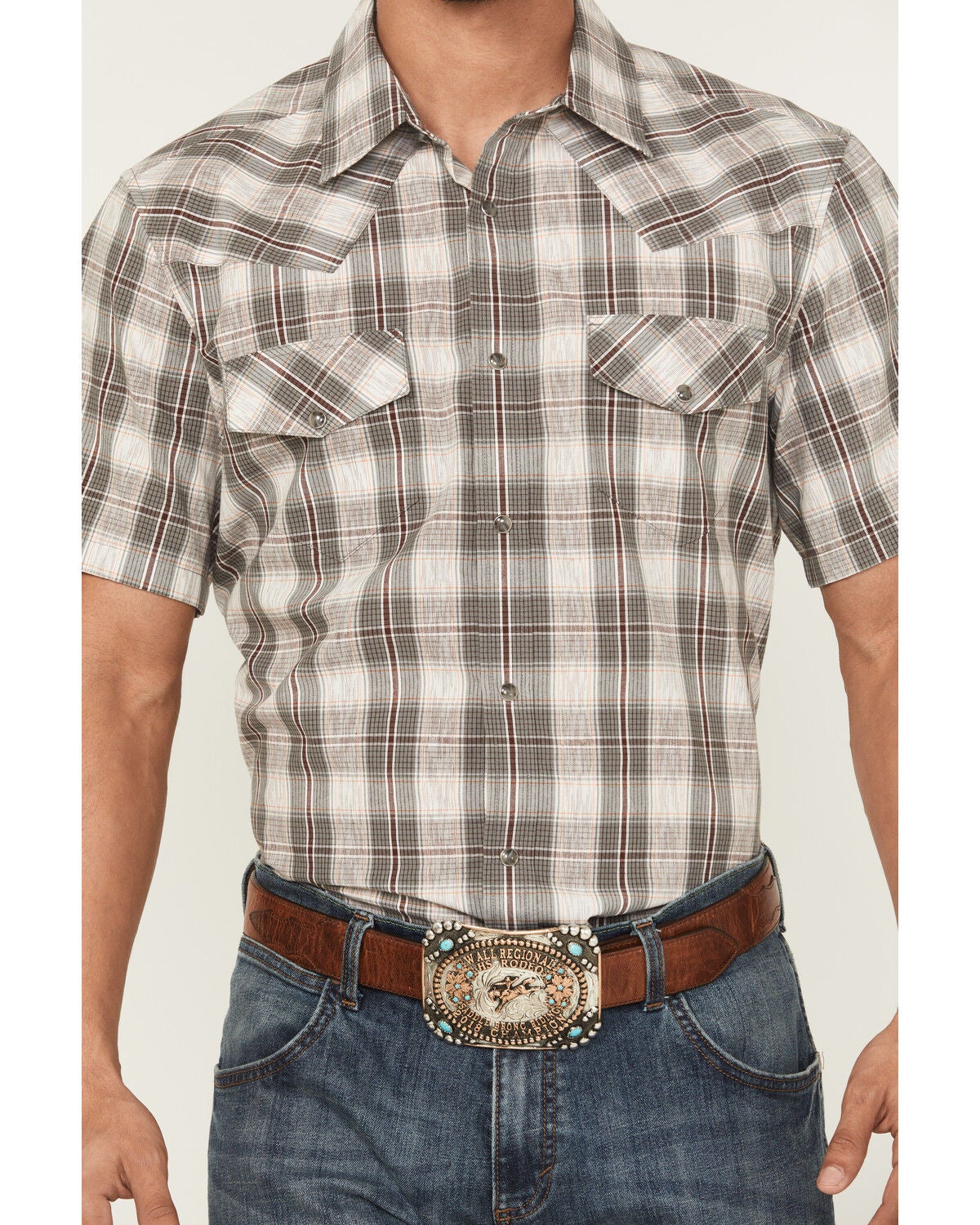 Image #3 - Gibson Trading Co Men's Starlink Plaid Print Short Sleeve Snap Western Shirt, Grey, hi-res