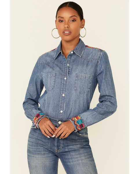 Stetson Women's Denim Embroidered Long Sleeve Button Down Western Shirt , Blue, hi-res