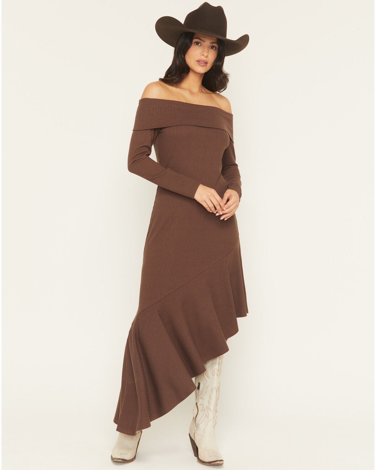 Shyanne Women's Rib Knit Off The Shoulder Long Sleeve Asymmetrical Dress, Brown, hi-res