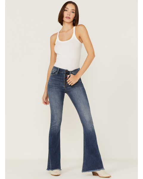 Image #1 - Sneak Peek Women's High Rise Exposed Button Flare Jeans, Blue, hi-res