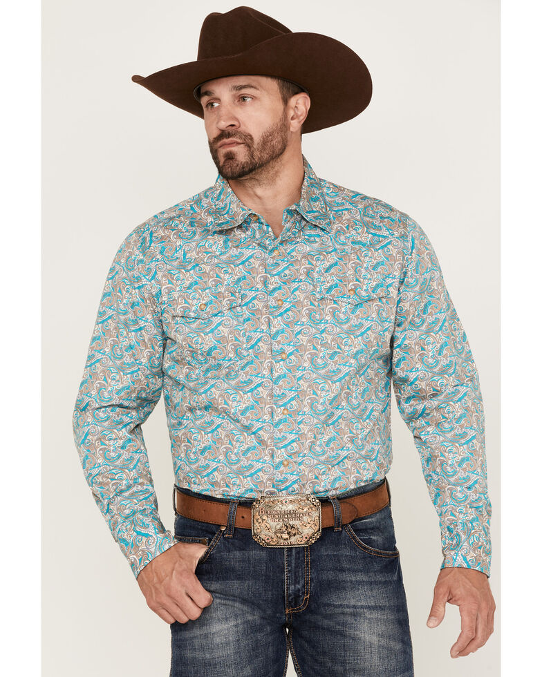 Wrangler Retro Men's Paisley Print Long Sleeve Snap Western Shirt , Turquoise, hi-res