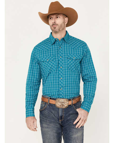 Image #1 - Wrangler 20X Men's Advanced Comfort Plaid Print Long Sleeve Snap Western Shirt, Teal, hi-res