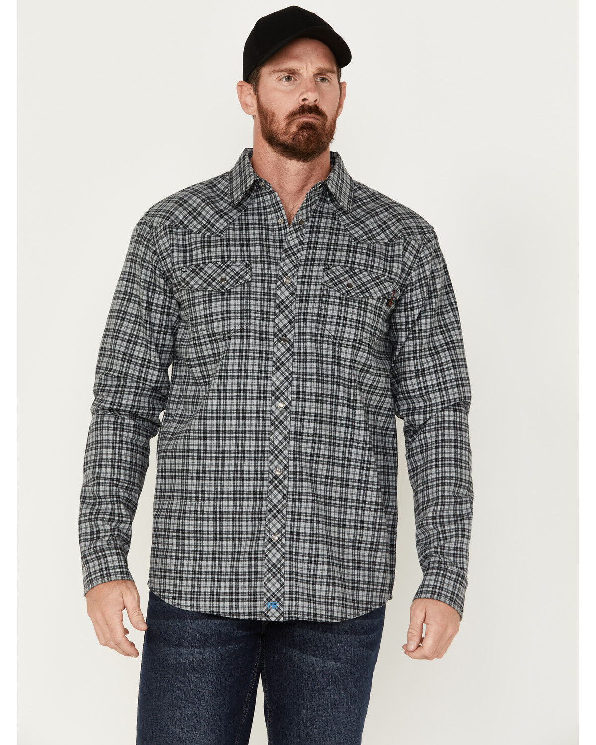 Image #1 - Cody James Men's FR Plaid Long Sleeve Snap Western Shirt, Charcoal, hi-res
