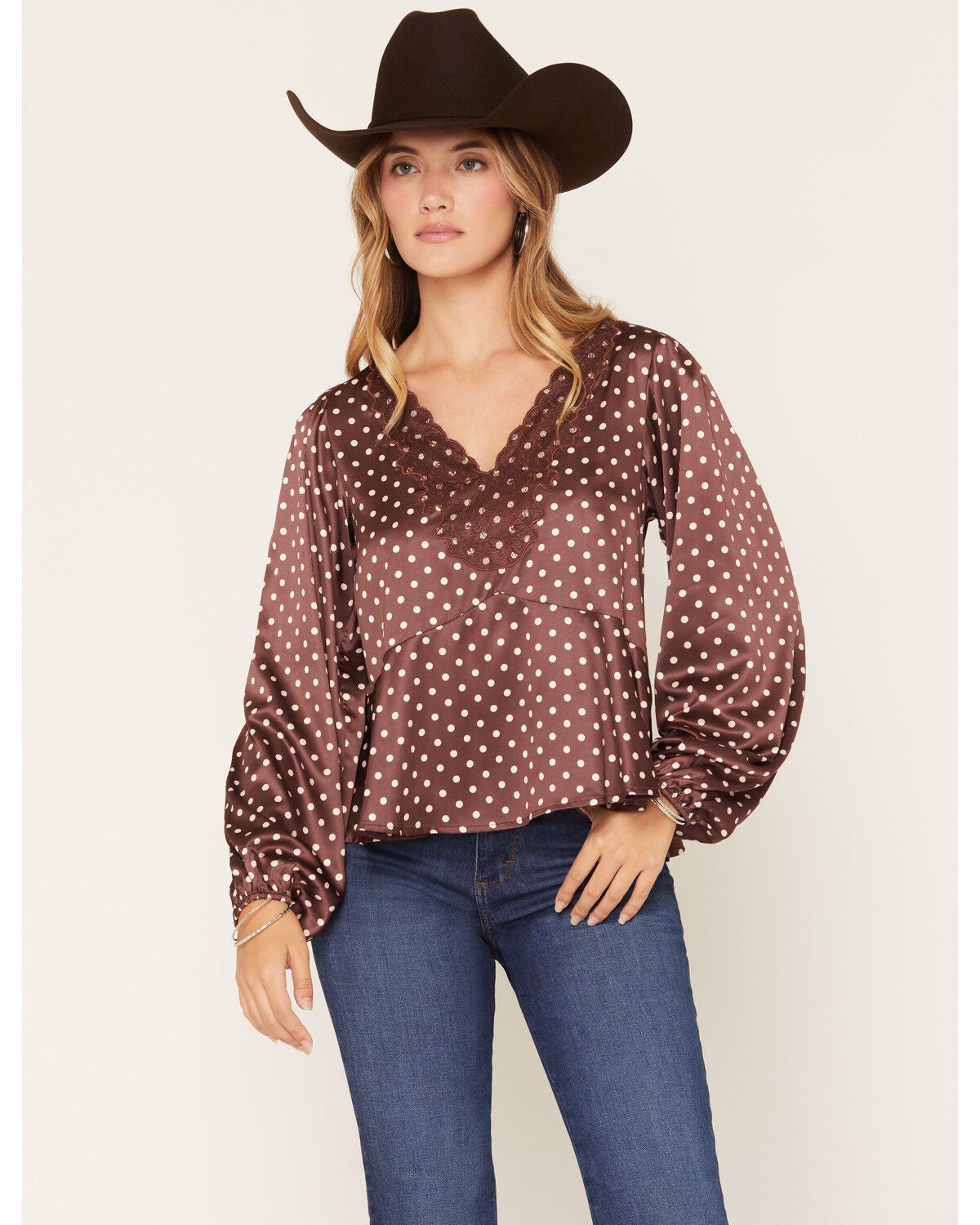 By Together Women's Lace Trim Polka Dot Blouse, Chocolate, hi-res