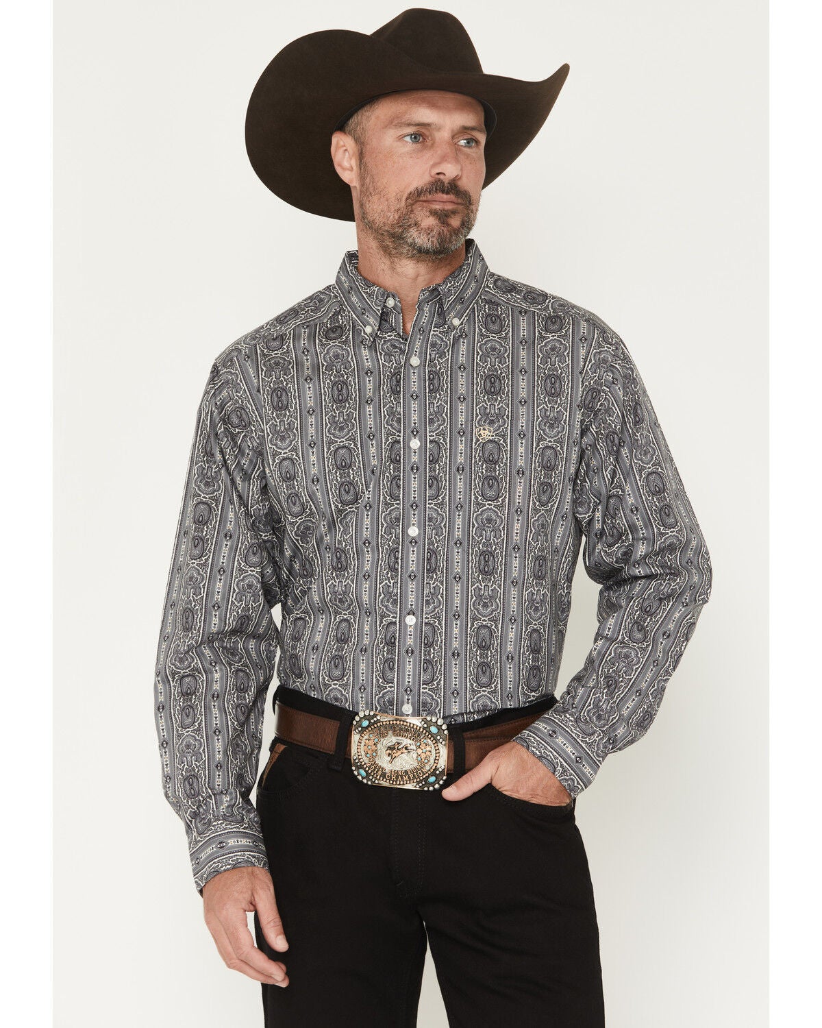 Ariat Men's Tatum Medallion Striped Long Sleeve Button-Down Western Shirt - Tall, Grey, hi-res
