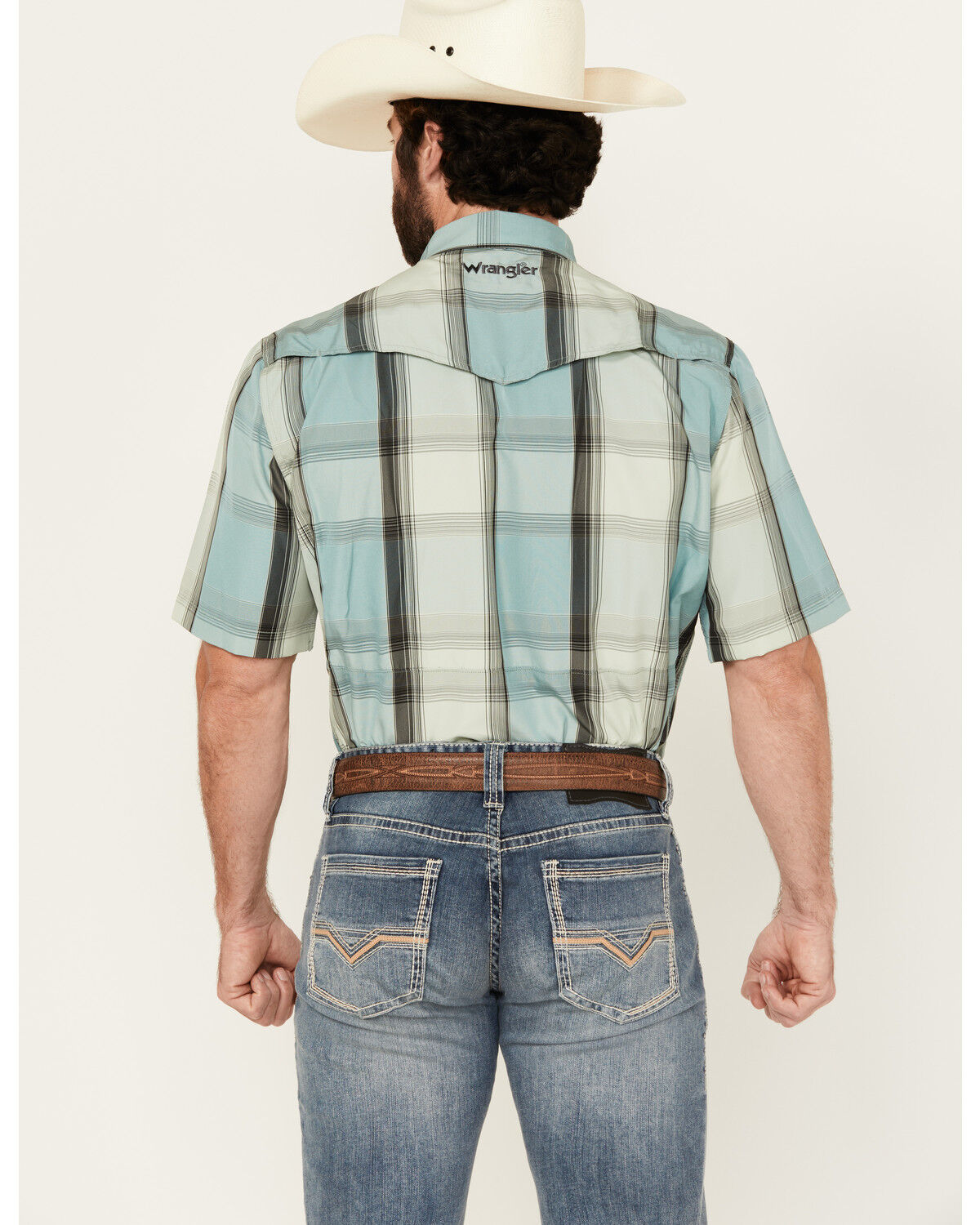 Image #4 - Wrangler Men's Plaid Print Short Sleeve Performance Western Shirt, Turquoise, hi-res