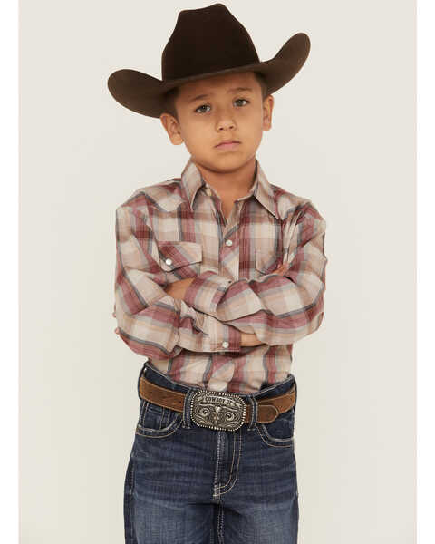 Image #1 - Roper Boys' Plaid Print Long Sleeve Pearl Snap Western Shirt, Brown, hi-res
