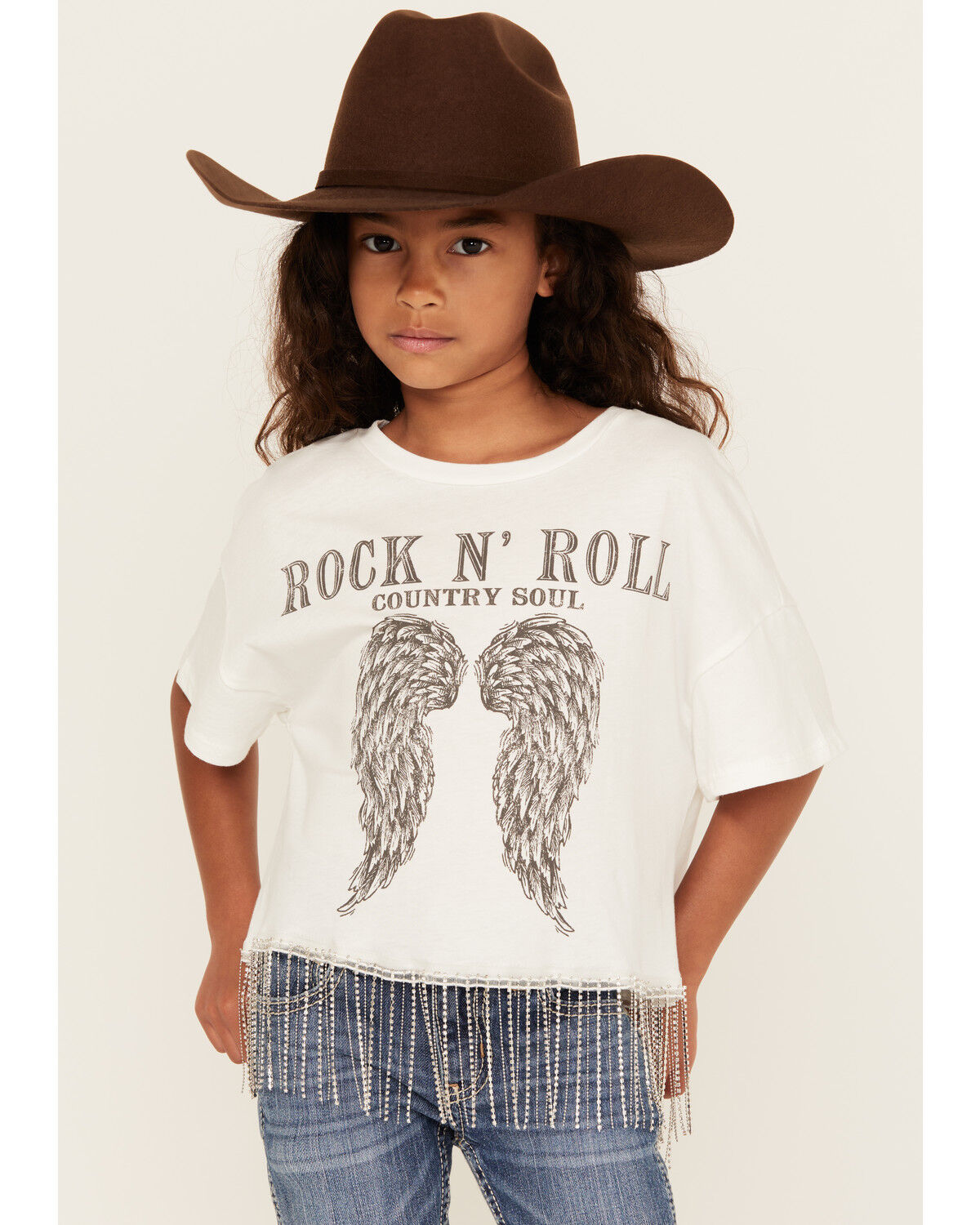 Image #1 - La La Land Girls' Rock & Roll Short Sleeve Fringe Graphic Tee, White, hi-res