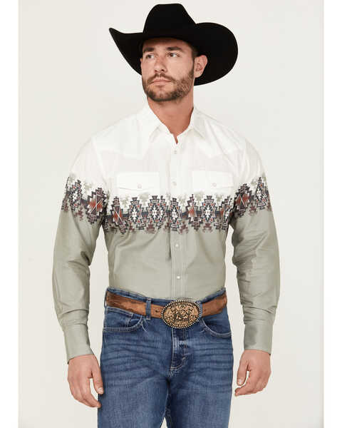 Image #1 - Wrangler Men's Checotah Border Print Long Sleeve Pearl Snap Western Shirt , White, hi-res
