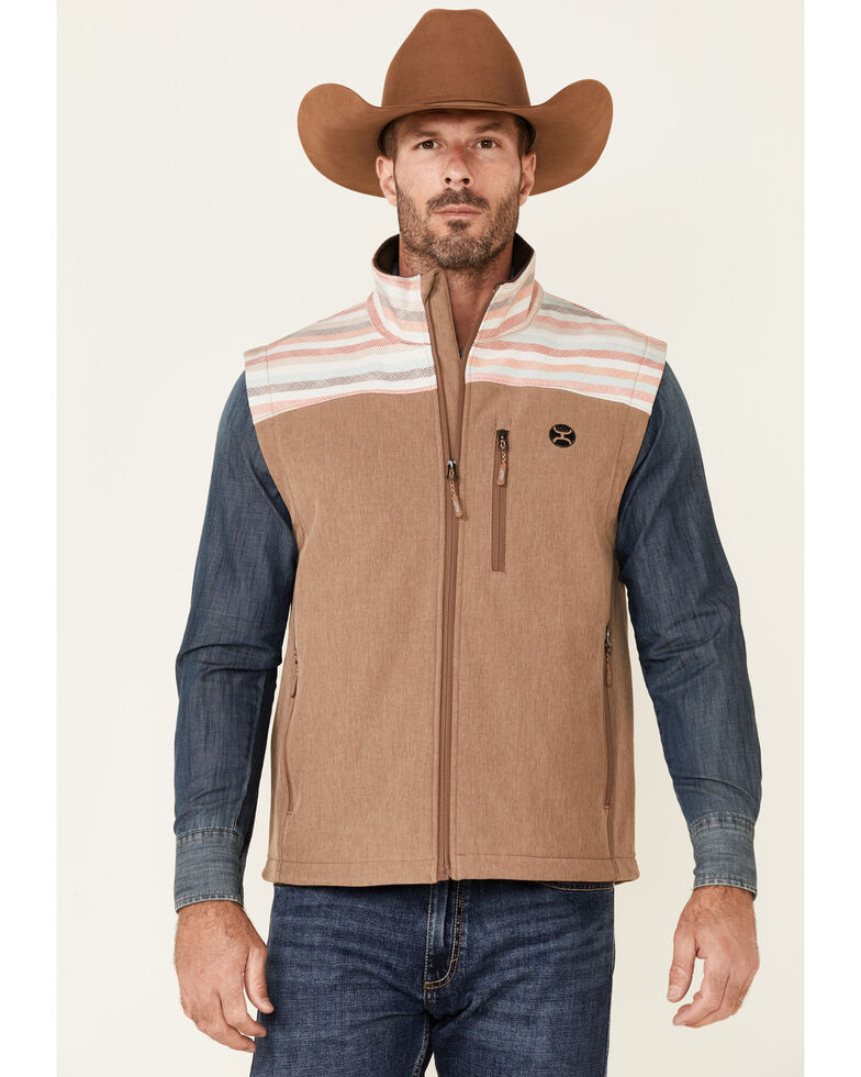 HOOey Men's Tan Striped Color-Block Zip-Front Softshell Vest , Tan, hi-res