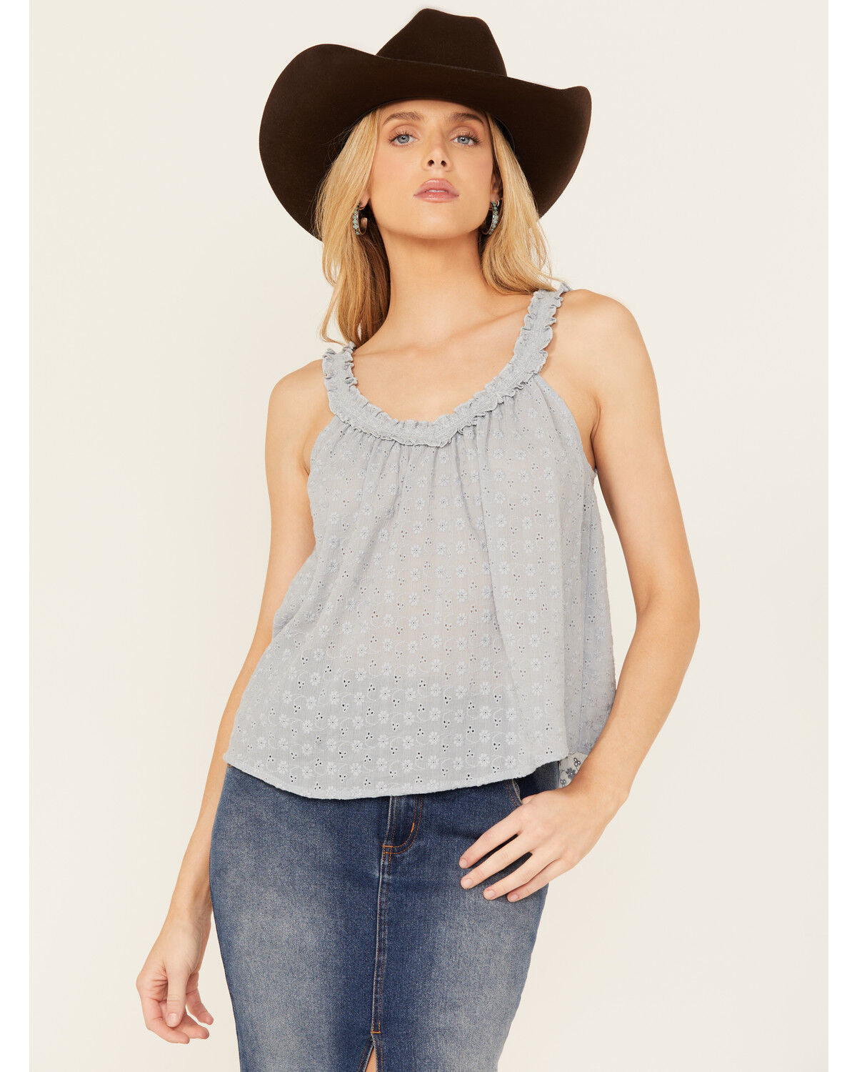 Image #1 - Eyeshadow Women's Eyelet V Neck Tank, Light Blue, hi-res