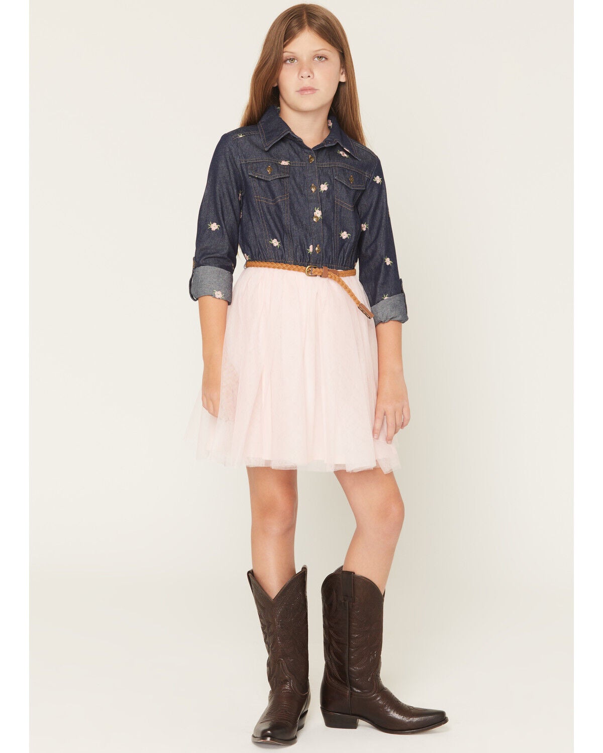 Sugar California Girls' Floral Embroidered Long Sleeve Button-Down Denim Tutu Dress, Multi, hi-res