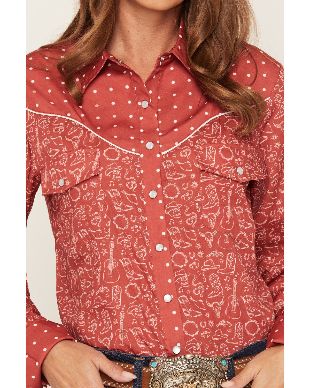 Image #3 - Howdy Hanny Women's Western Conversational Print Long Sleeve Pearl Snap Western Shirt, Rust Copper, hi-res