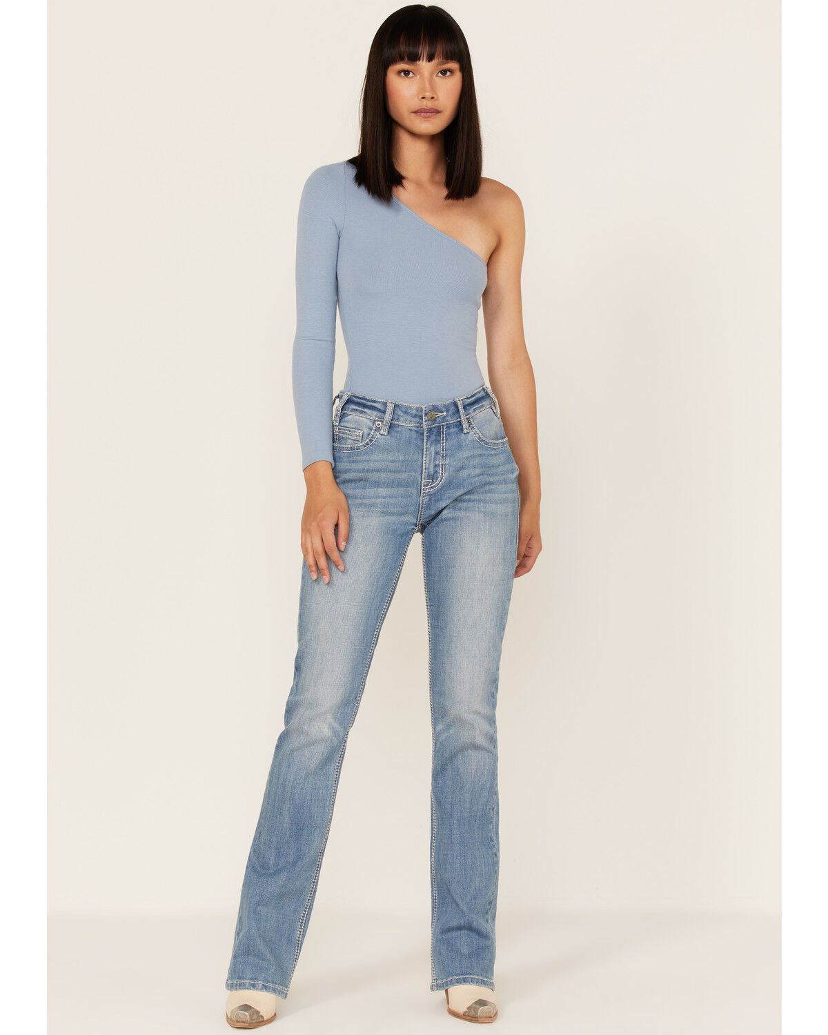 Image #1 - Rock & Roll Denim Women's Light Wash Mid Rise Straight Riding Jeans, Light Wash, hi-res