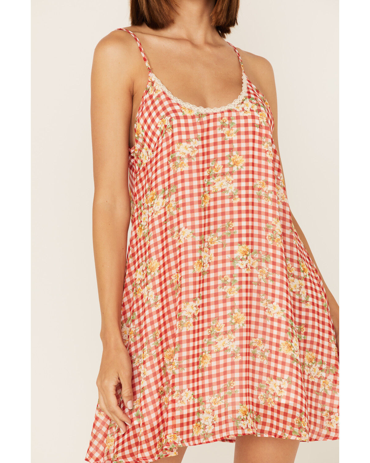 Image #3 - Wild Moss Women's Gingham Floral Print Slip Mini Dress, Red, hi-res
