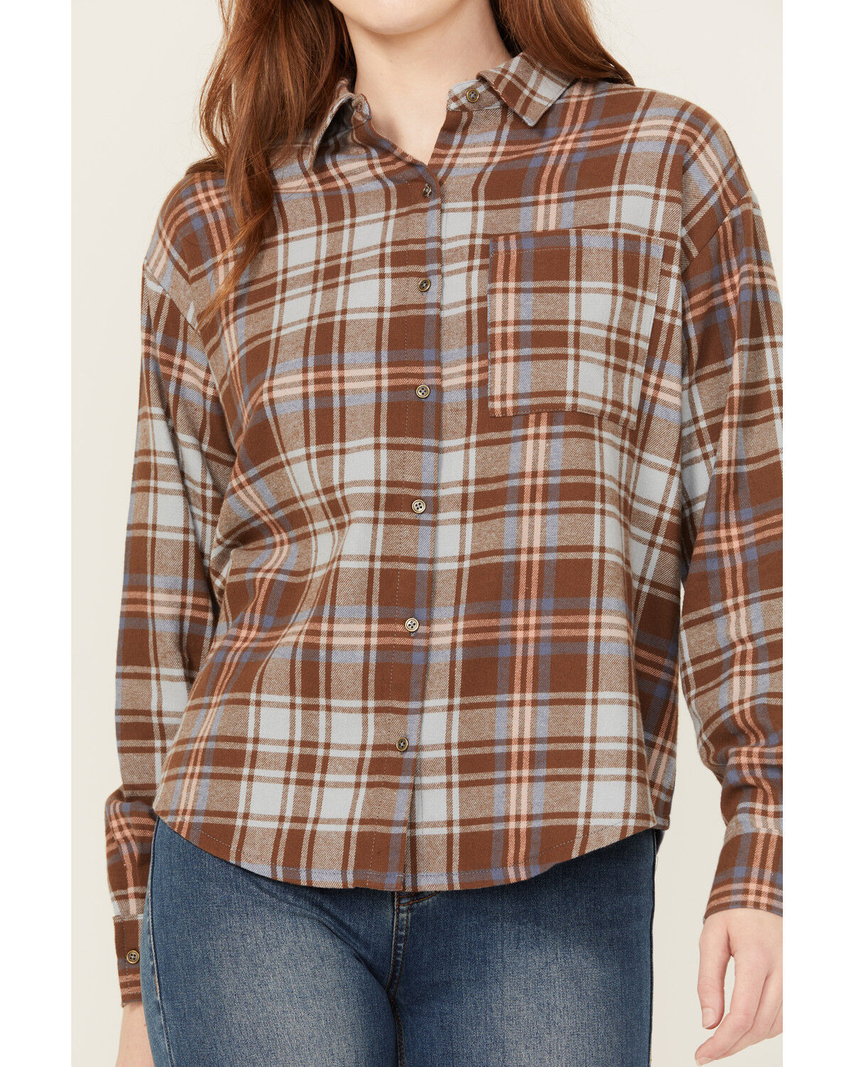 Image #3 - Cleo + Wolf Women's Mixed Media Plaid Print Button-Down Graphic Flannel Shirt, Indigo, hi-res