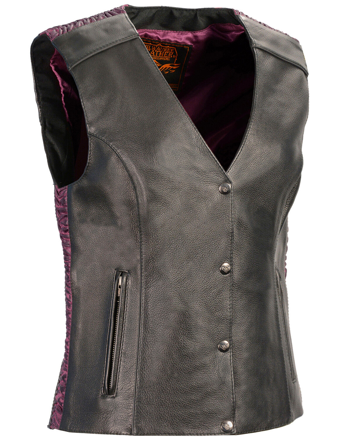 Image #1 - Milwaukee Leather Women's Phoenix Stud Embroidered Snap Front Vest - 3X, Black/purple, hi-res