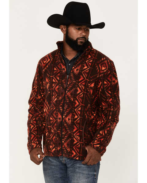 Powder River Outfitters Men's Southwestern Print Full-Zip Fleece Pullover, Maroon, hi-res