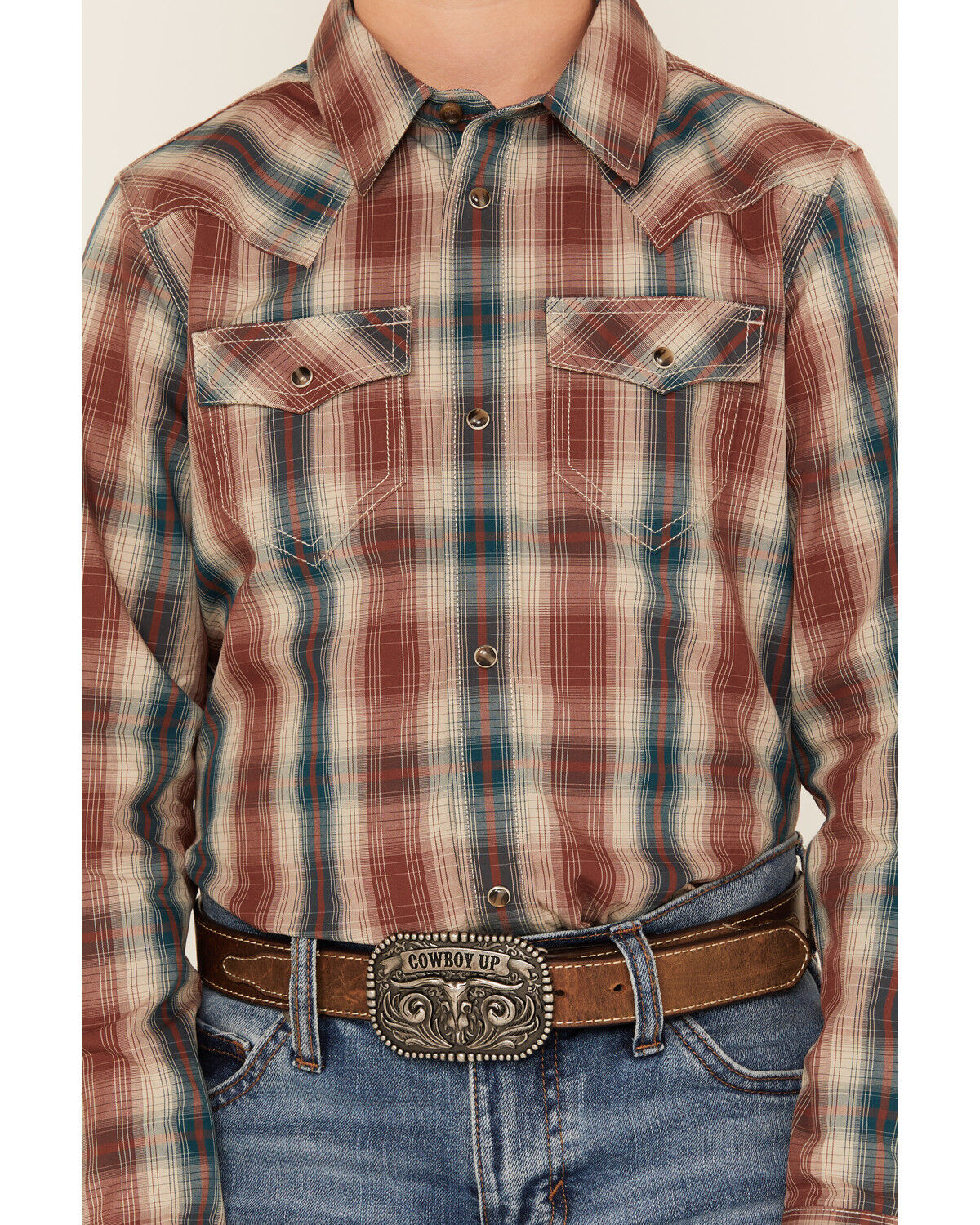 Image #3 - Cody James Boys' Ricardo Plaid Print Long Sleeve Snap Western Shirt, Tan, hi-res