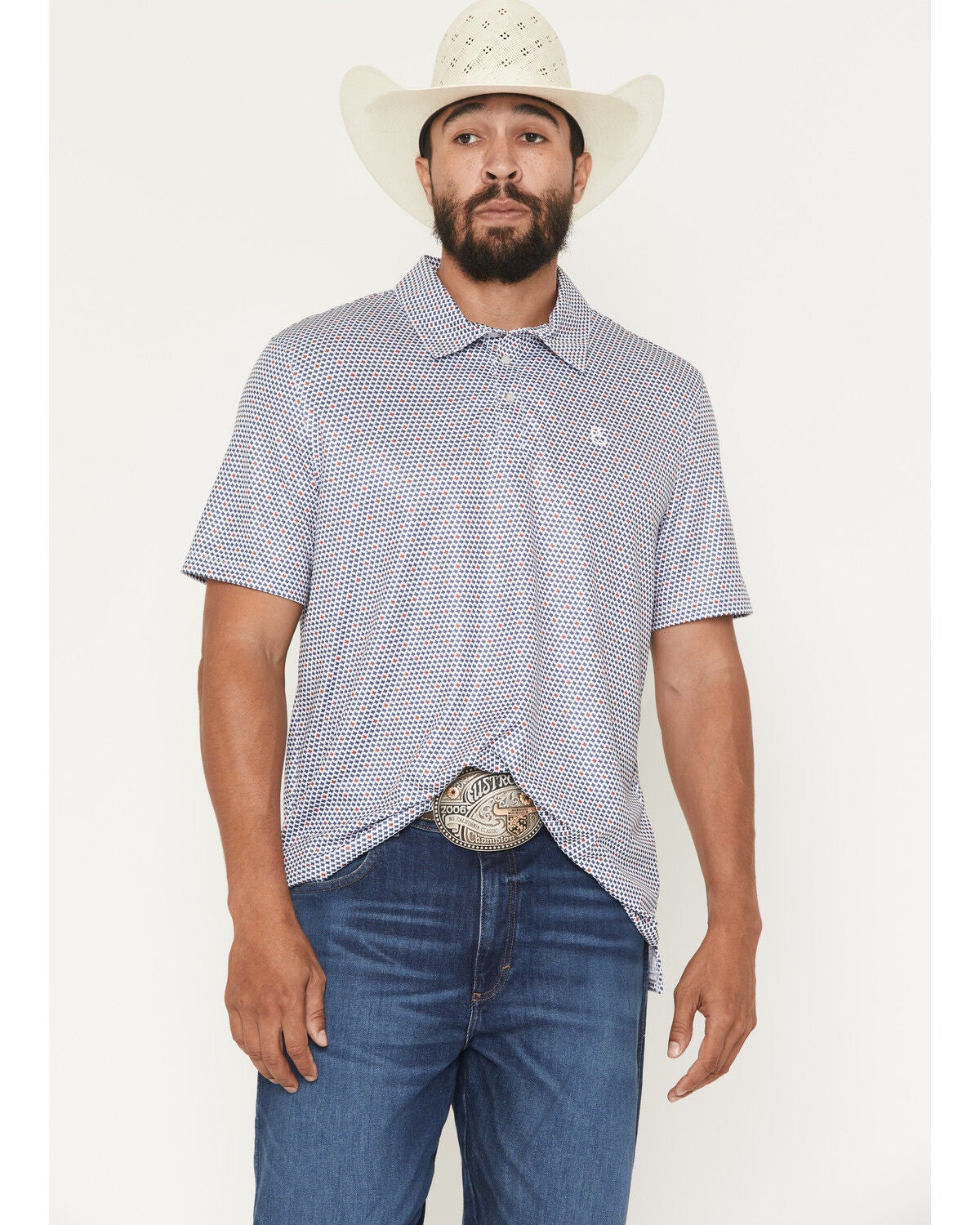 Panhandle Slim Men's Texas Print Short Sleeve Pearl Snap Performance Polo, Navy, hi-res