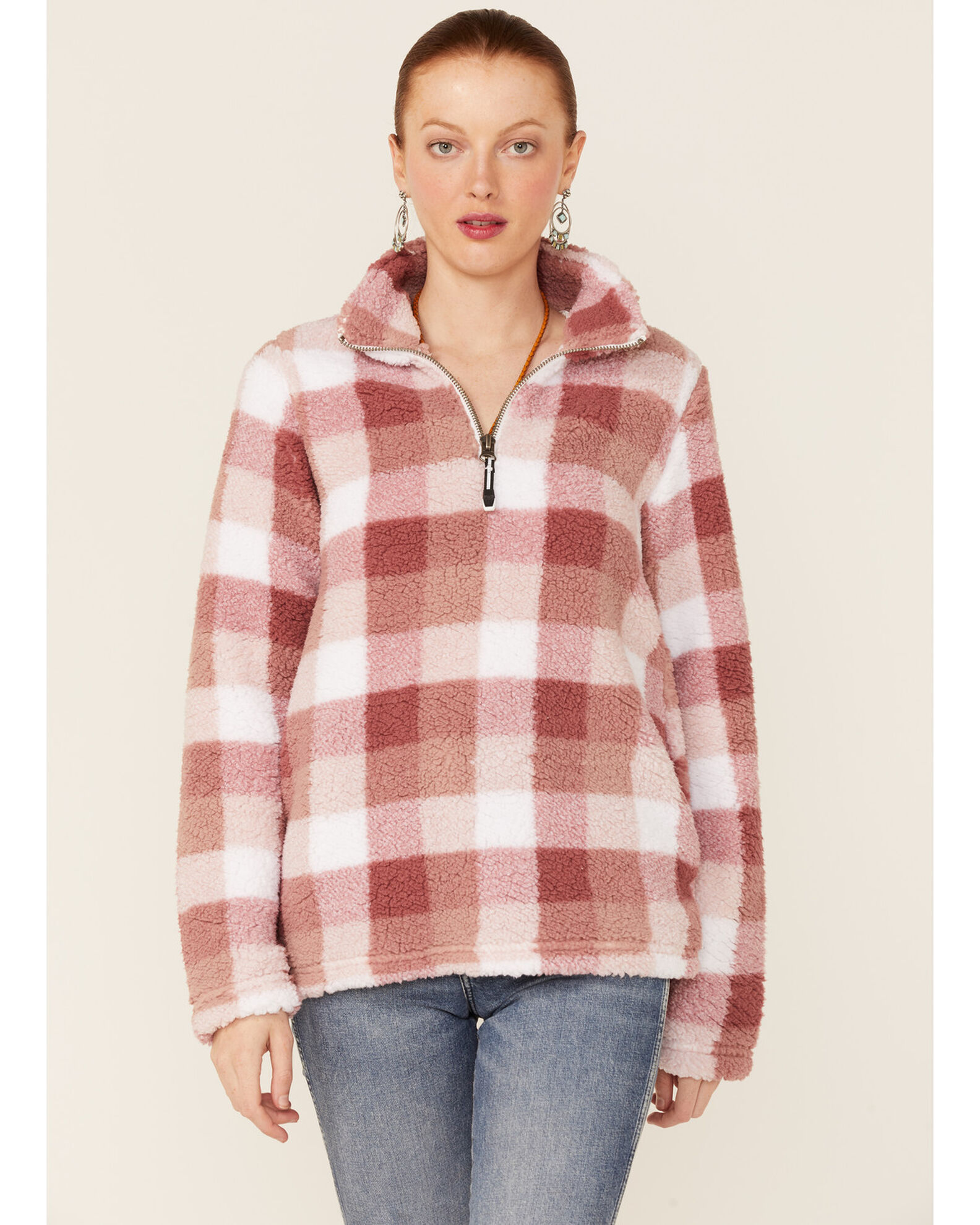 Product Name Roper Women s Pink Buffalo Plaid Polar Fleece Pullover