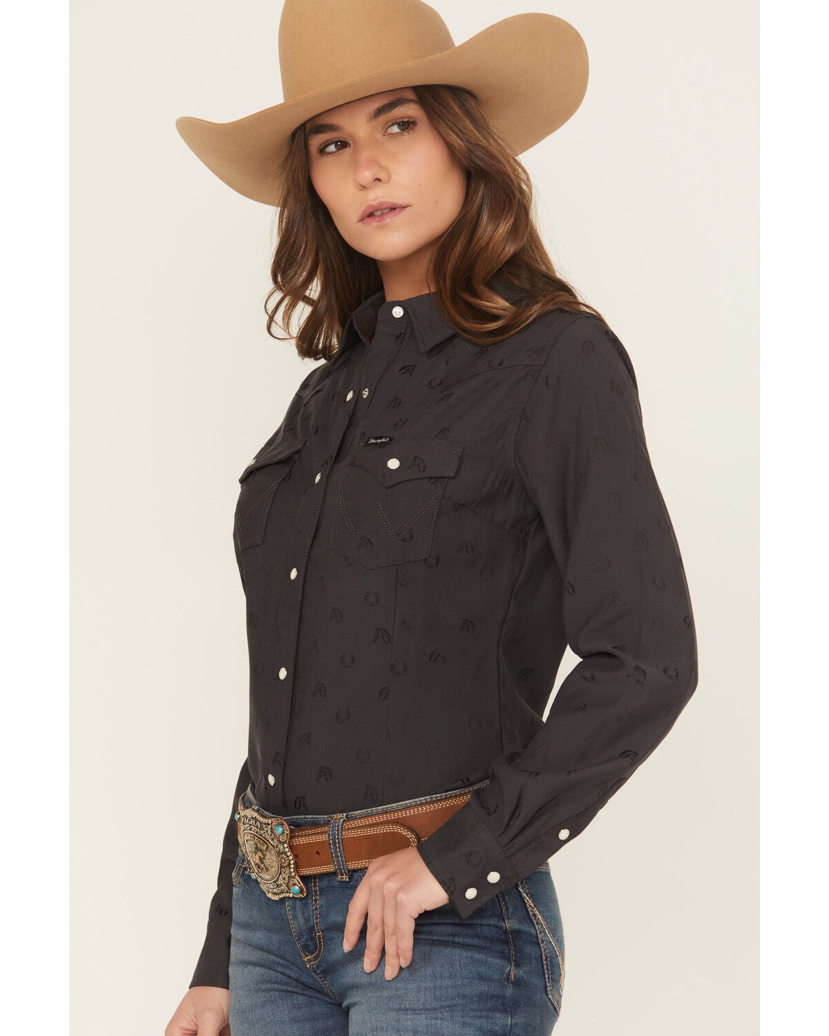 Image #2 - Wrangler Retro Women's Horseshoe Print Long Sleeve Snap Western Shirt, Black, hi-res