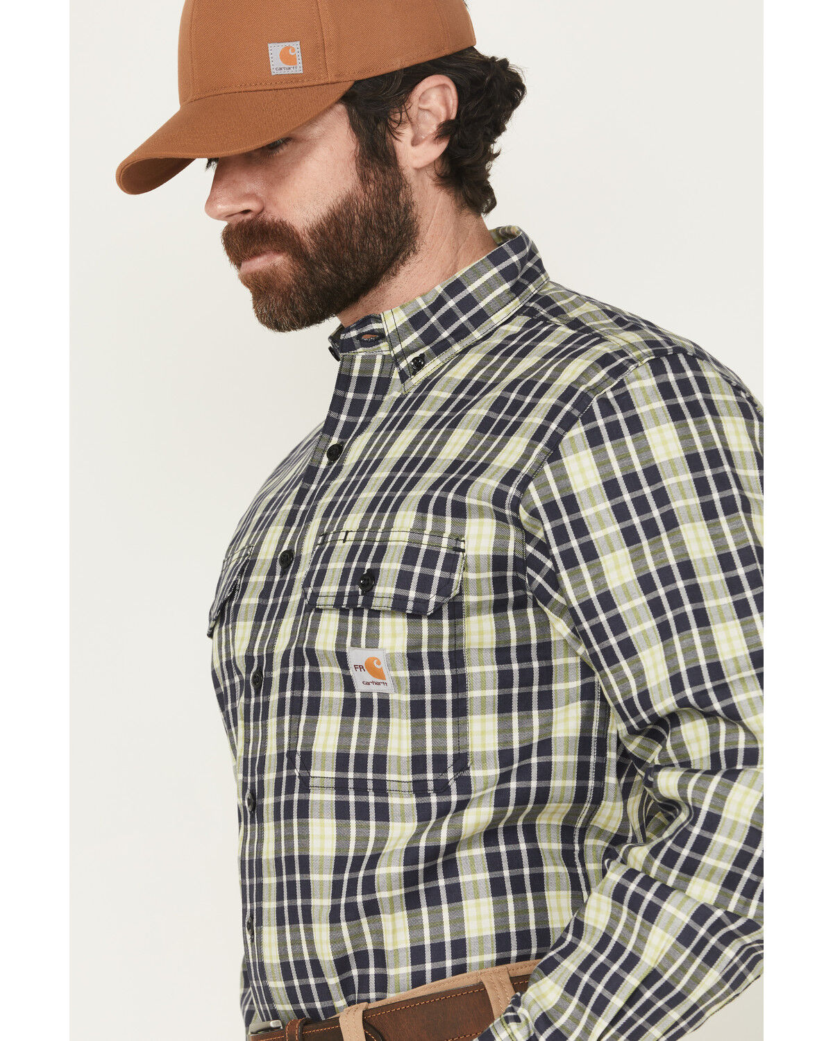Image #2 - Carhartt Men's FR Force Rugged Flex® Plaid Print Long Sleeve Button-Down Work Shirt, Navy, hi-res