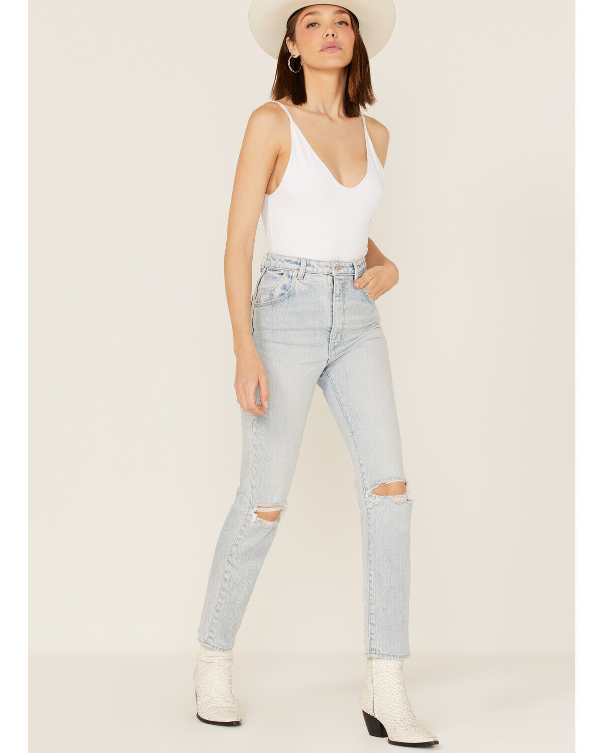 Image #1 - Rolla's Women's Light Wash High Rise Distressed Slim Dusters Straight Jeans, Blue, hi-res
