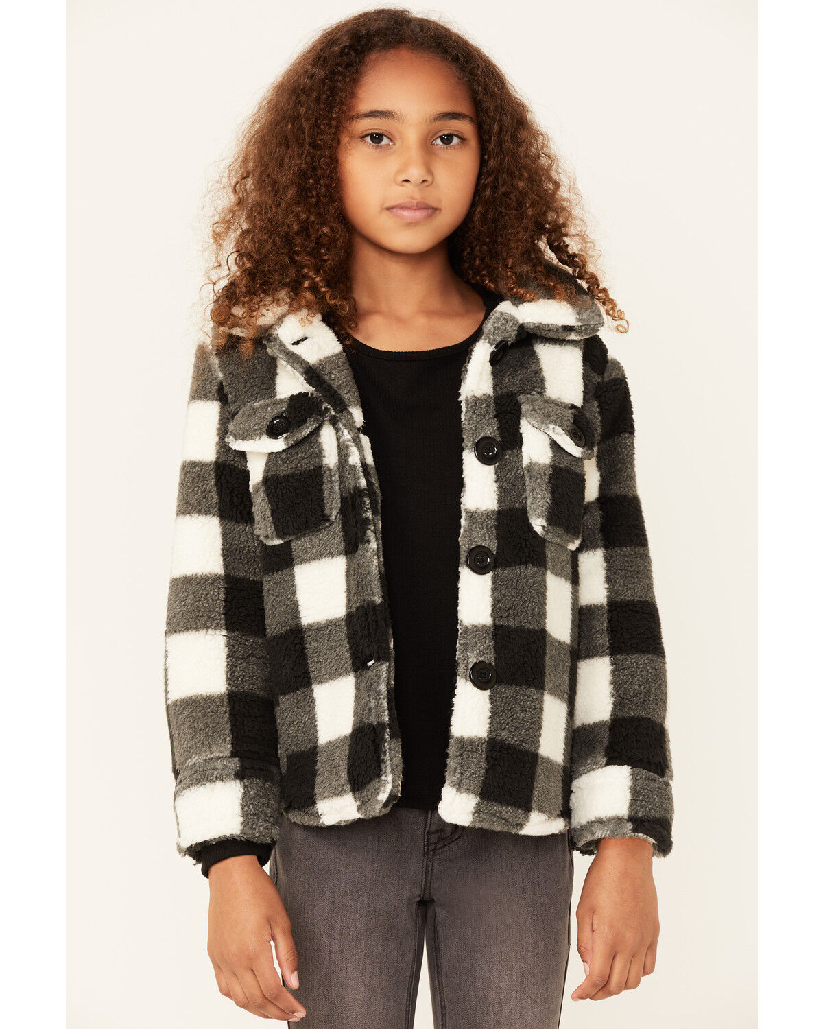 Image #1 - Urban Republic Little Girls' Plaid Print Sherpa Jacket, Black, hi-res