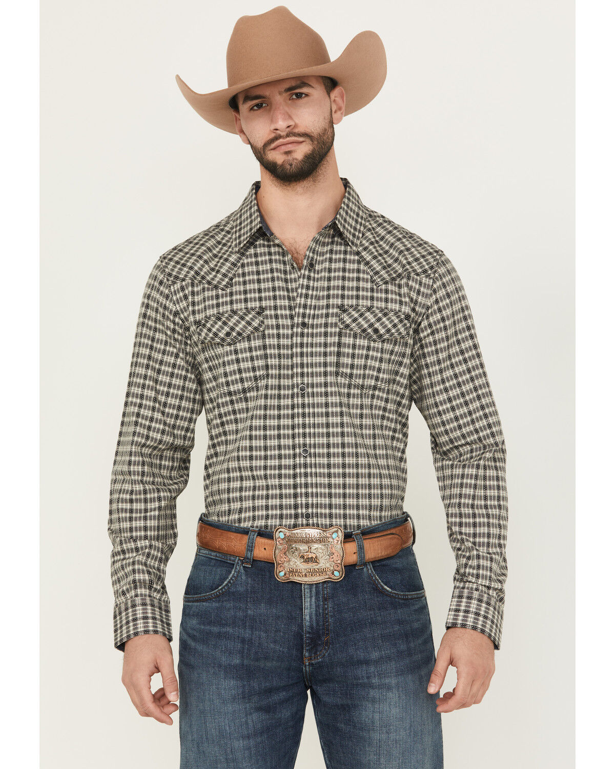 Image #1 - Moonshine Spirit Men's High Strung Dobby Plaid Print Long Sleeve Snap Western Shirt, Navy, hi-res