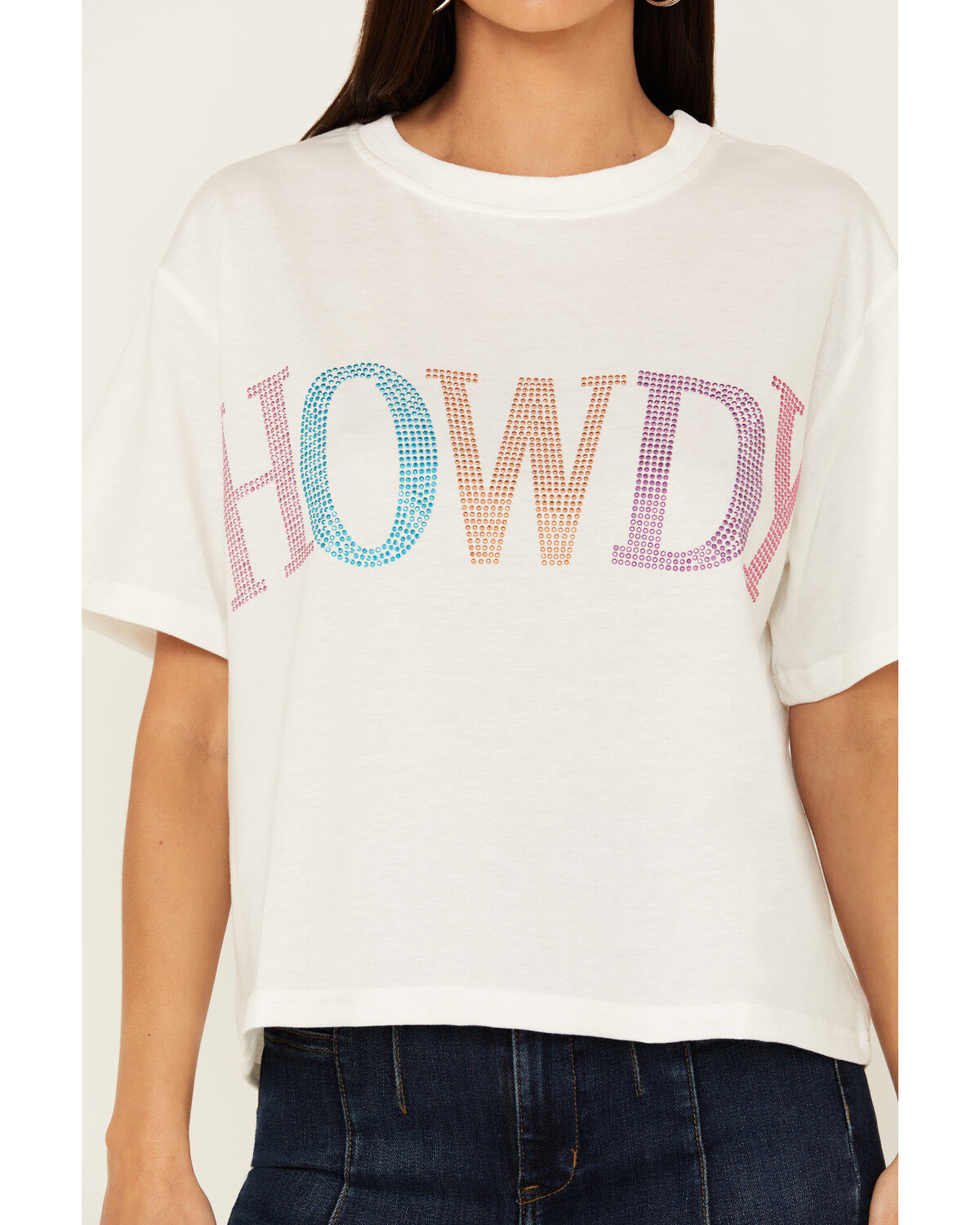 Image #3 - Mainstrip Women's Howdy Rhinestone Short Sleeve Cropped Graphic Tee, White, hi-res