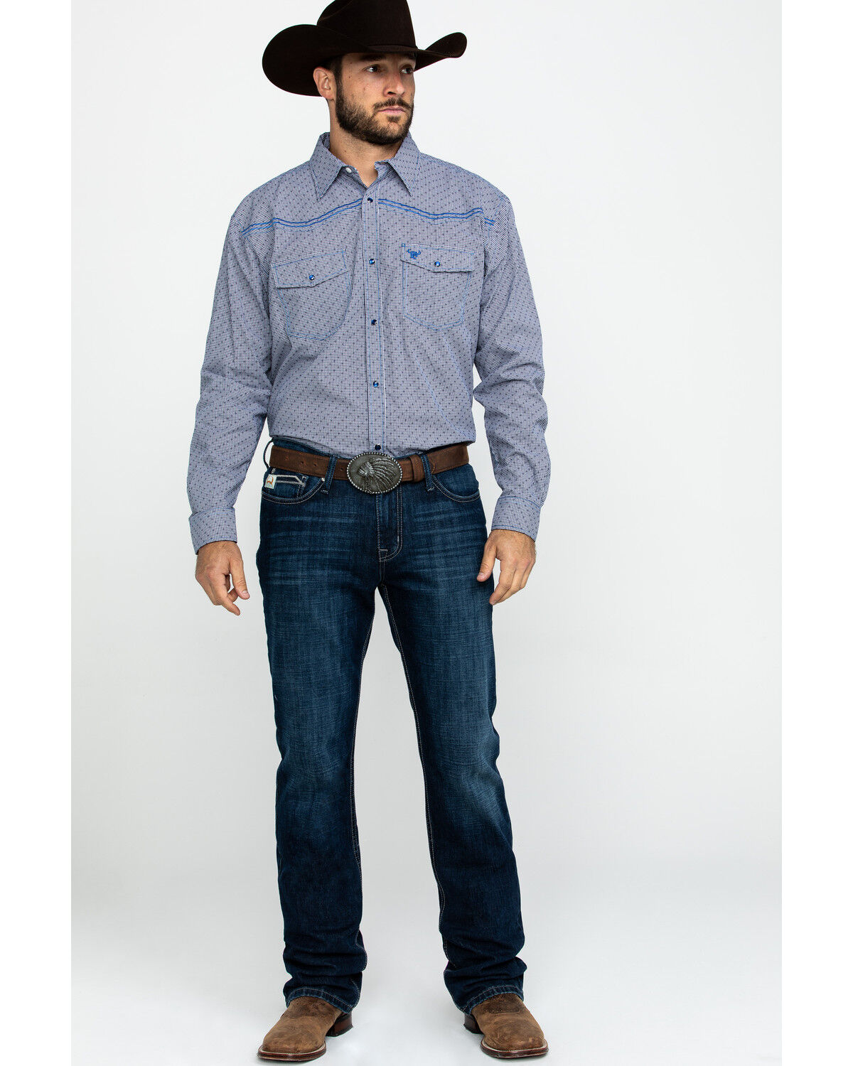 Image #6 - Cowboy Hardware Men's Dobby Print Long Sleeve Western Shirt, Navy, hi-res