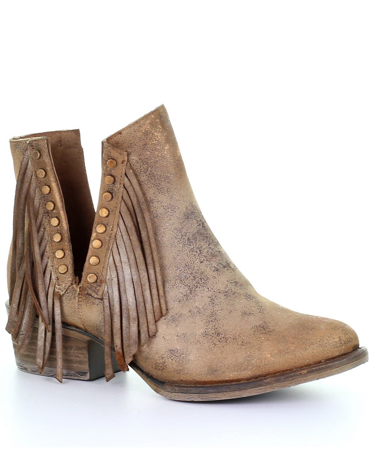 Circle G Women's Brown Studded Fringe Booties - Round Toe, Brown, hi-res