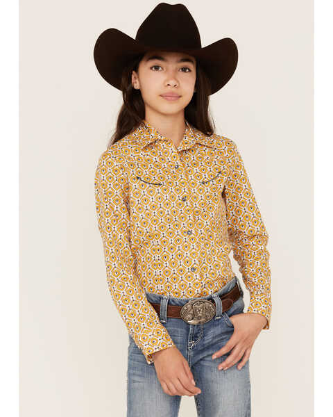 Cruel Girl Girl's Medallion Print Long Sleeve Western Snap Shirt, Yellow, hi-res