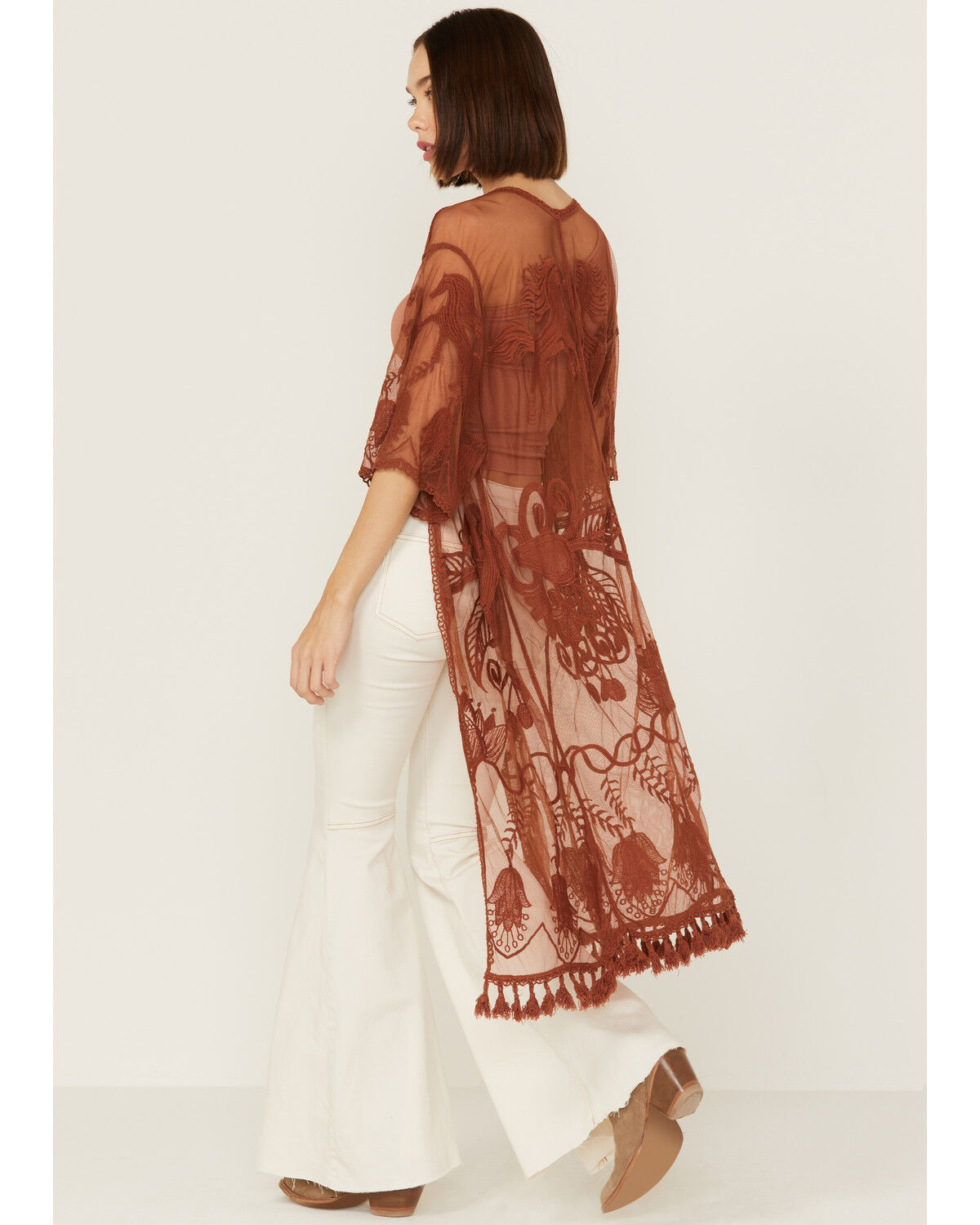 Image #3 - Shyanne Women's Rust Lace Tassel Kimono, , hi-res
