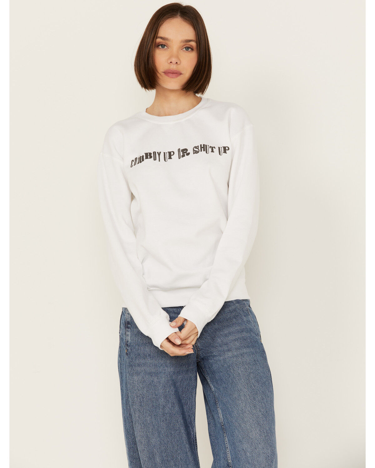 Image #1 - Gina Tees Women's Cowboy Up or Shut Up Sweatshirt, White, hi-res
