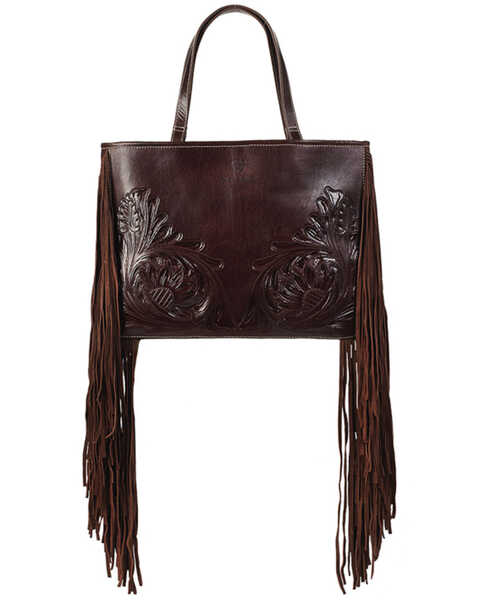 Ariat Women's Victoria Tooled Leather Fringe Concealed Carry Tote Bag, Brown, hi-res