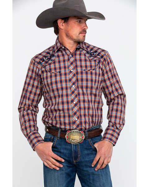 Image #1 - Roper Men's Fancy Small Plaid Embroidered Long Sleeve Western Shirt  , Brown, hi-res