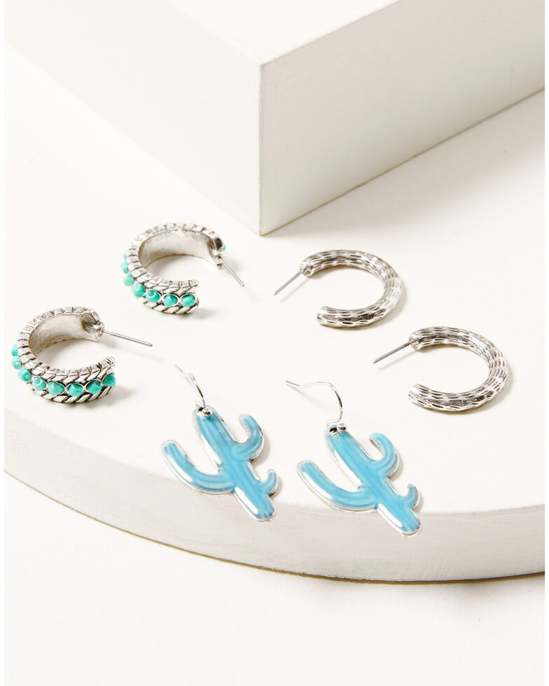 Shyanne Women's 3-Piece Turquoise Cactus Hoop Earrings Set, Silver, hi-res