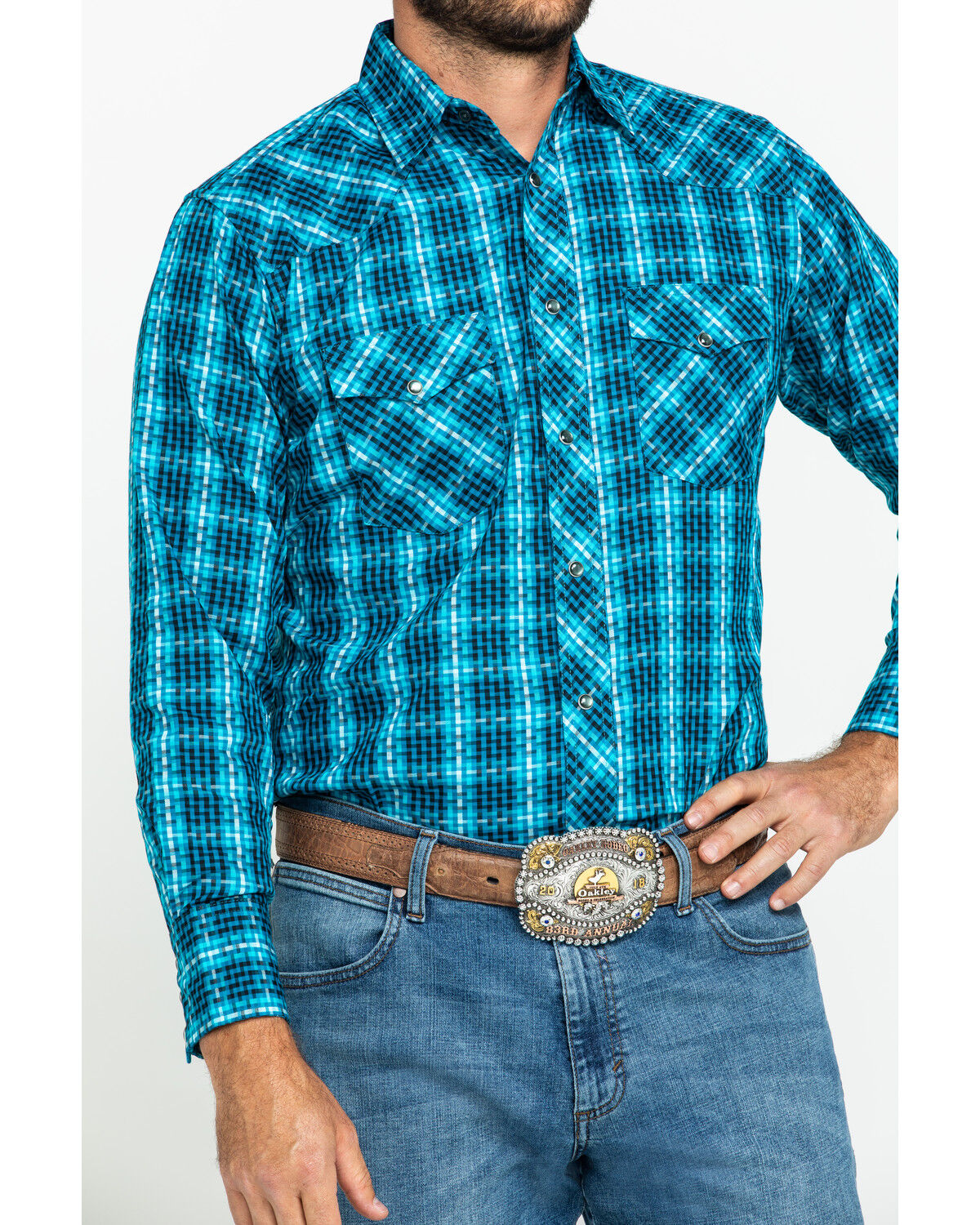 Image #4 - Wrangler Silver Edition Men's Teal Checotah Geo Print Long Sleeve Western Shirt, Teal, hi-res