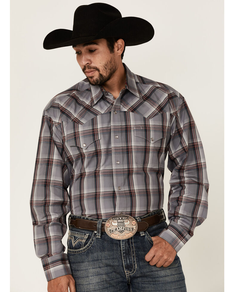 Stetson Men's Ash Ombre Plaid Long Sleeve Snap Western Shirt , Maroon, hi-res