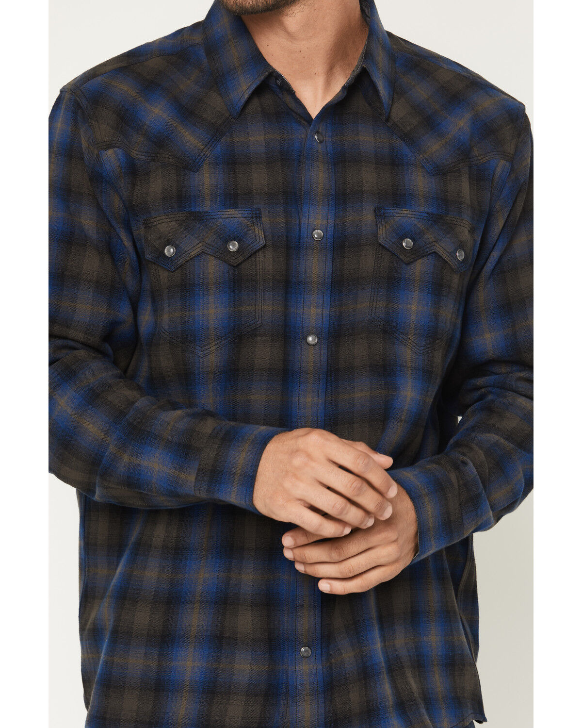 Image #3 - Moonshine Spirit Men's Stage Light Plaid Print Long Sleeve Snap Flannel Shirt, Blue, hi-res