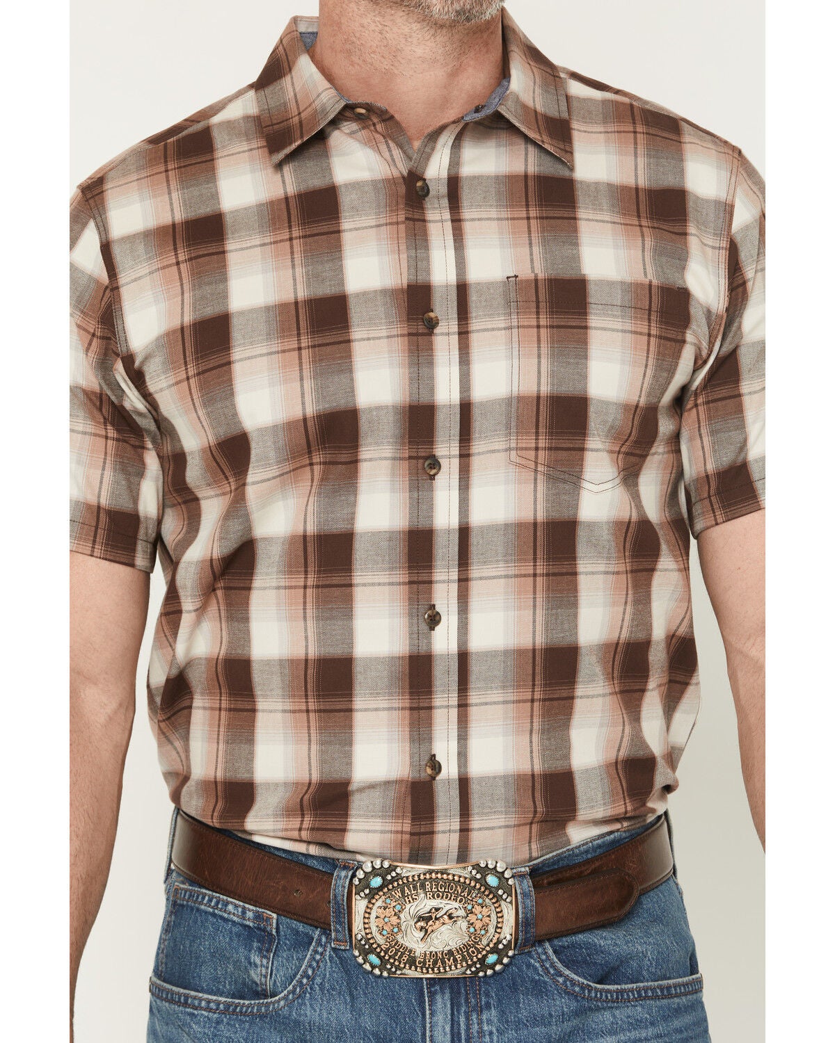 Image #3 - Cody James Men's Frosty Creek Plaid Print Short Sleeve Button-Down Stretch Western Shirt, Brown, hi-res