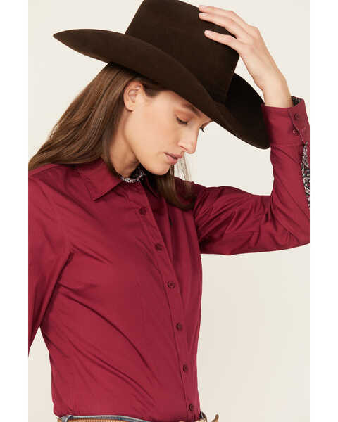 Image #2 - Cinch Women's Solid Long Sleeve Button Down Western Shirt, Burgundy, hi-res