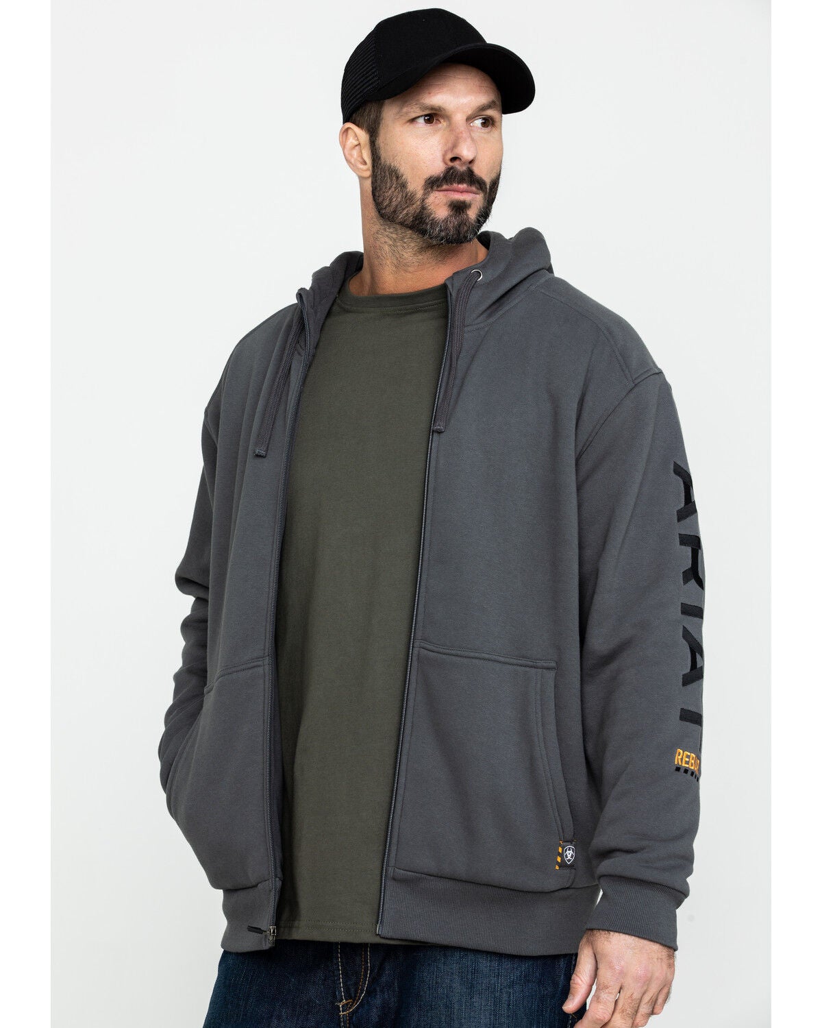 Ariat Men's Rebar All-Weather Full Zip Work Hooded Sweatshirt, Grey, hi-res
