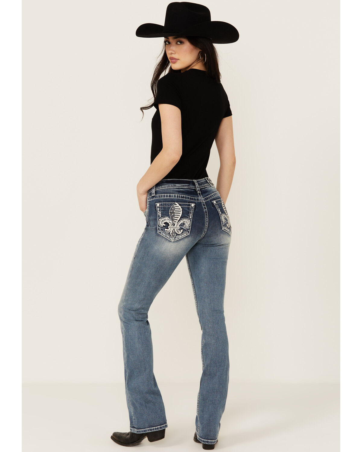 Image #1 - Grace In LA Women's Medium Wash Americana Fleur De Lis Mid Rise Bootcut Stretch Denim Jeans, Medium Wash, hi-res