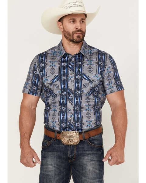 Rock & Roll Denim Men's Modern Fit Southwestern Print Short Sleeve Snap Western Shirt , Blue, hi-res