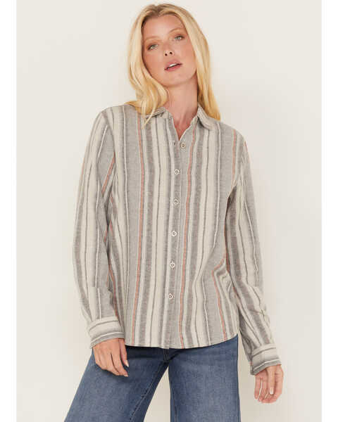 Image #1 - North River Women's Stripe Print Long Sleeve Button Down Flannel Shirt, Ivory, hi-res