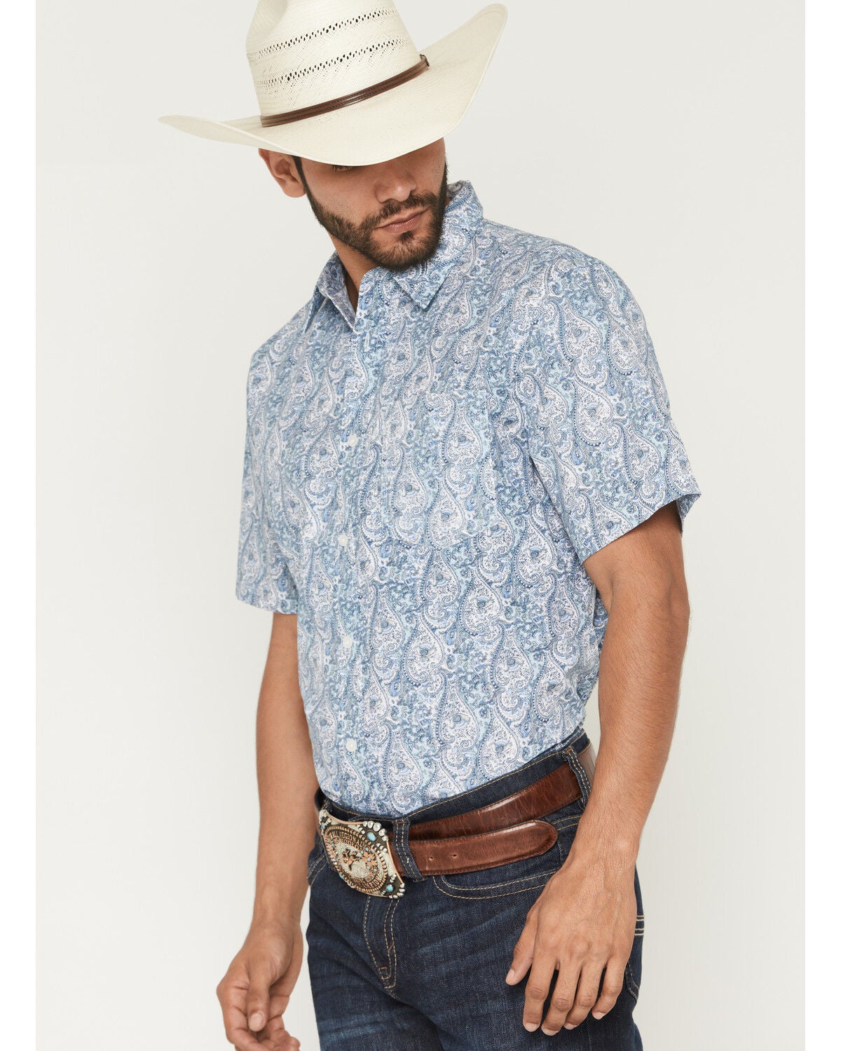 Image #2 - Gibson Trading Co Men's Kickin Daisies Paisley Print Short Sleeve Button-Down Western Shirt, Blue, hi-res