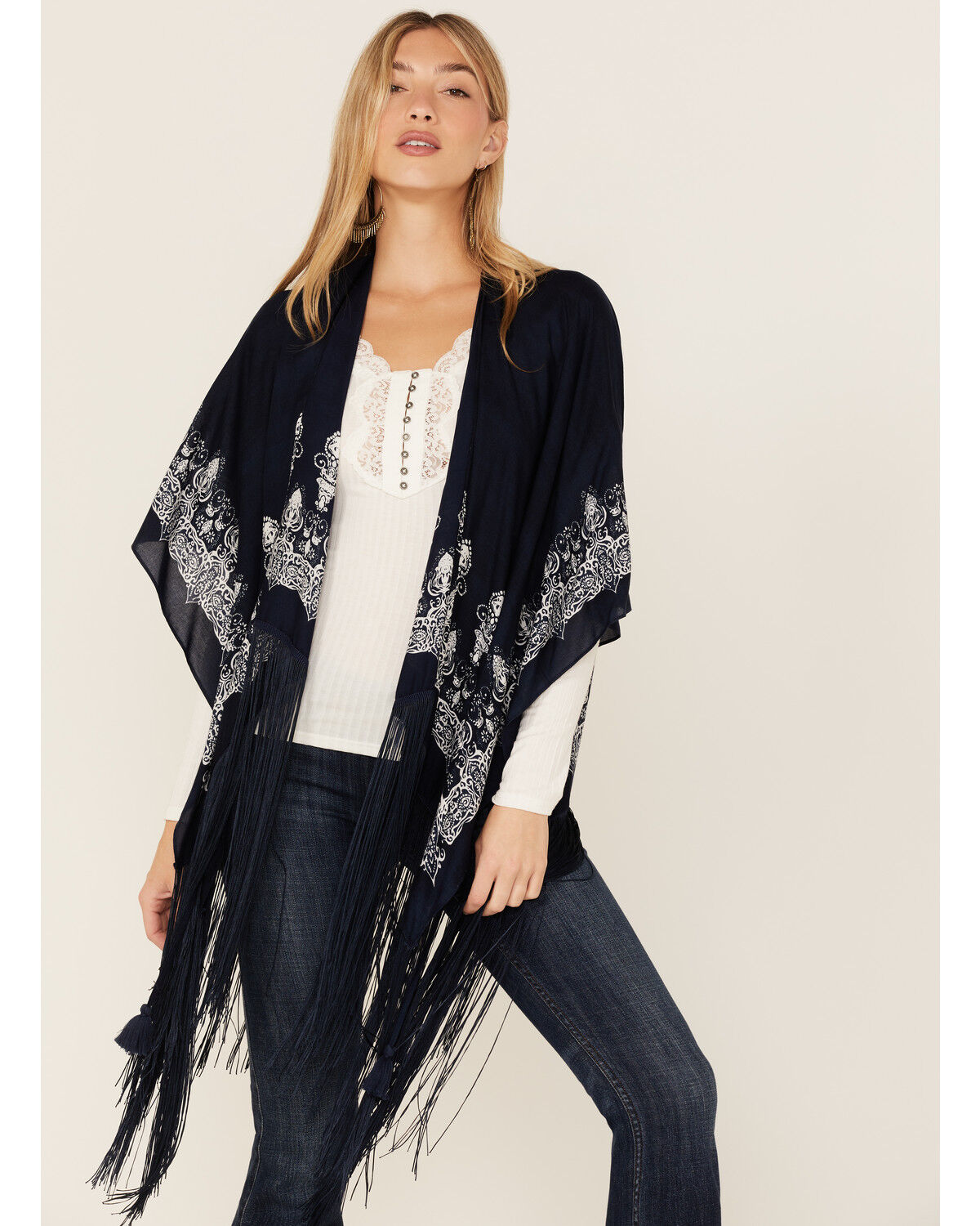 Image #1 - Idyllwind Women's Paisley Stadium Fringe Shawl, Navy, hi-res